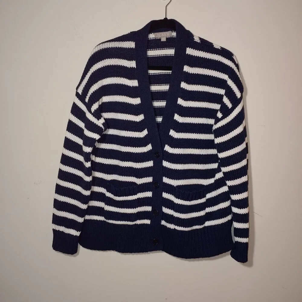 NWOT J. CREW Heritage Cotton Knit V-Neck Cardigan Navy Blue/White Stripes Sz M